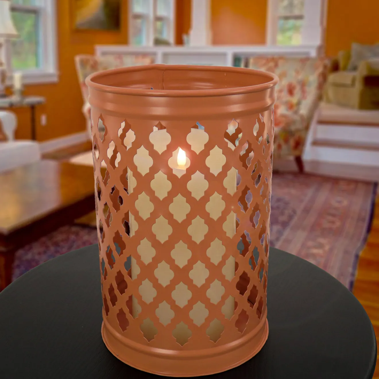 Outlet 12 in. Modern Design and Finish Pastel Orange Outdoor Lantern Candleholder Outdoor Lighting