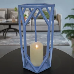 New 14 in. Modern Design and Finish Ice Melt Blue Outdoor Lantern Candleholder Outdoor Lighting