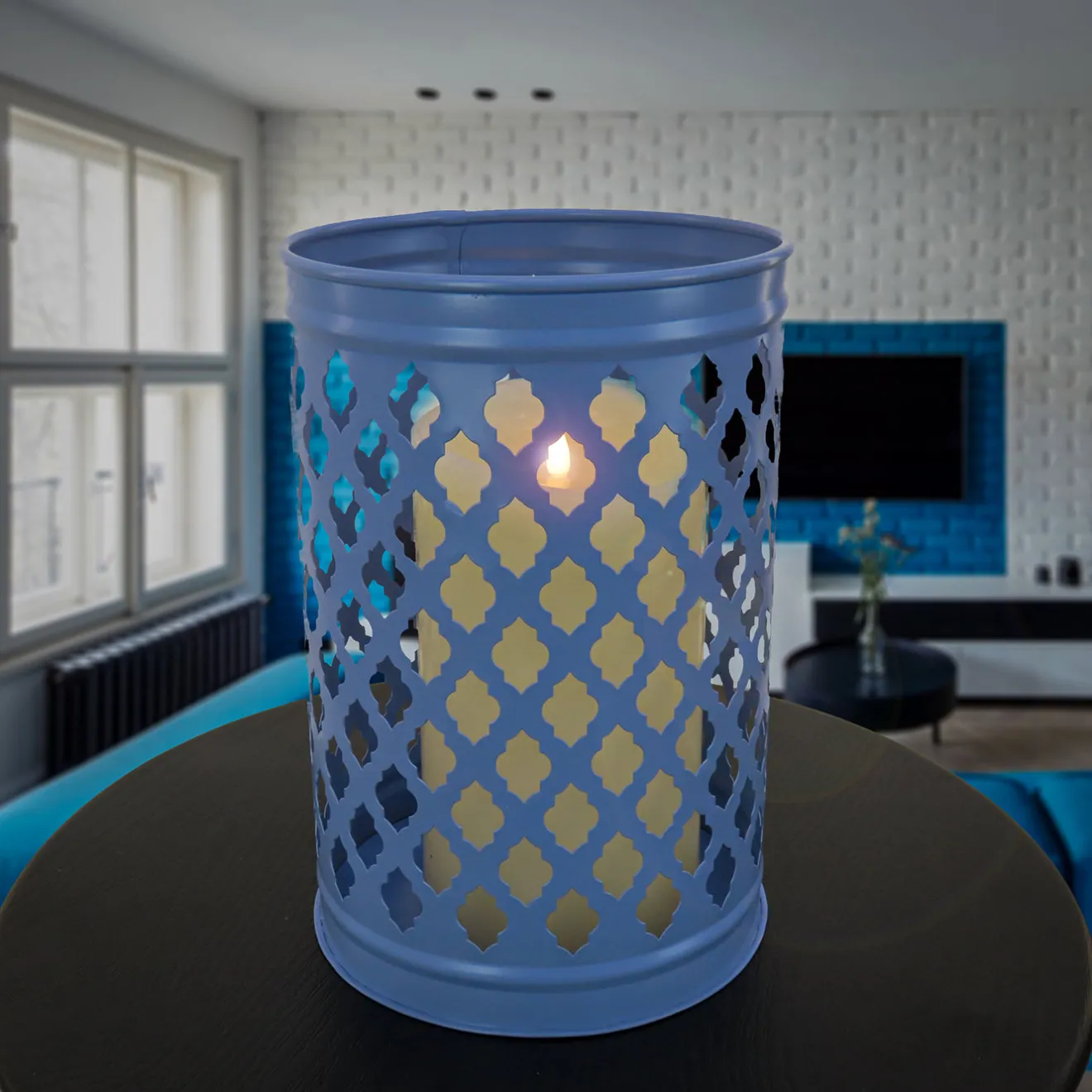 Best 12 in. Modern Design and Finish Ice Melt Blue Outdoor Lantern Candleholder Outdoor Lighting