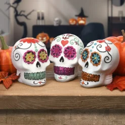 Discount 3 in. 3-Pack Halloween Ghost Day of the Dead Decorated Skulls Indoor Decorations