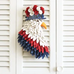 New 14 in. Patriotic Hanging Eagle Decoration with Red White and Blue Wood Cuts and Flower Blooms Wreaths