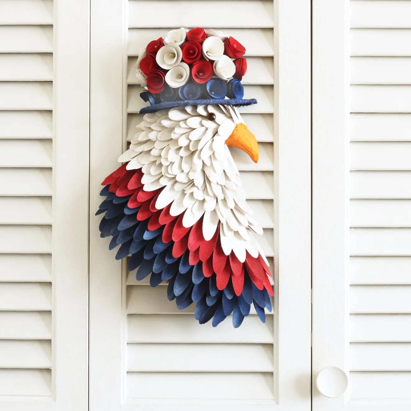 New 14 in. Patriotic Hanging Eagle Decoration with Red White and Blue Wood Cuts and Flower Blooms Wreaths