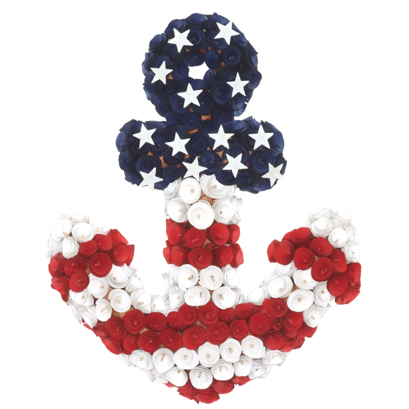 Discount 20 in. Patriotic Wreath, Blue Cross Shape with Red White and Blue Flower Blooms White Stars Wreaths