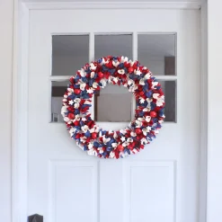 21 in. Patriotic Wreath with Red White and Blue Flowers Petals Tinsel Wreaths