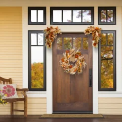 New 24 in. 2-Piece Fall Door Corners with Corn Husks, Raffia Leaves, Berry Clusters Fall Decorations