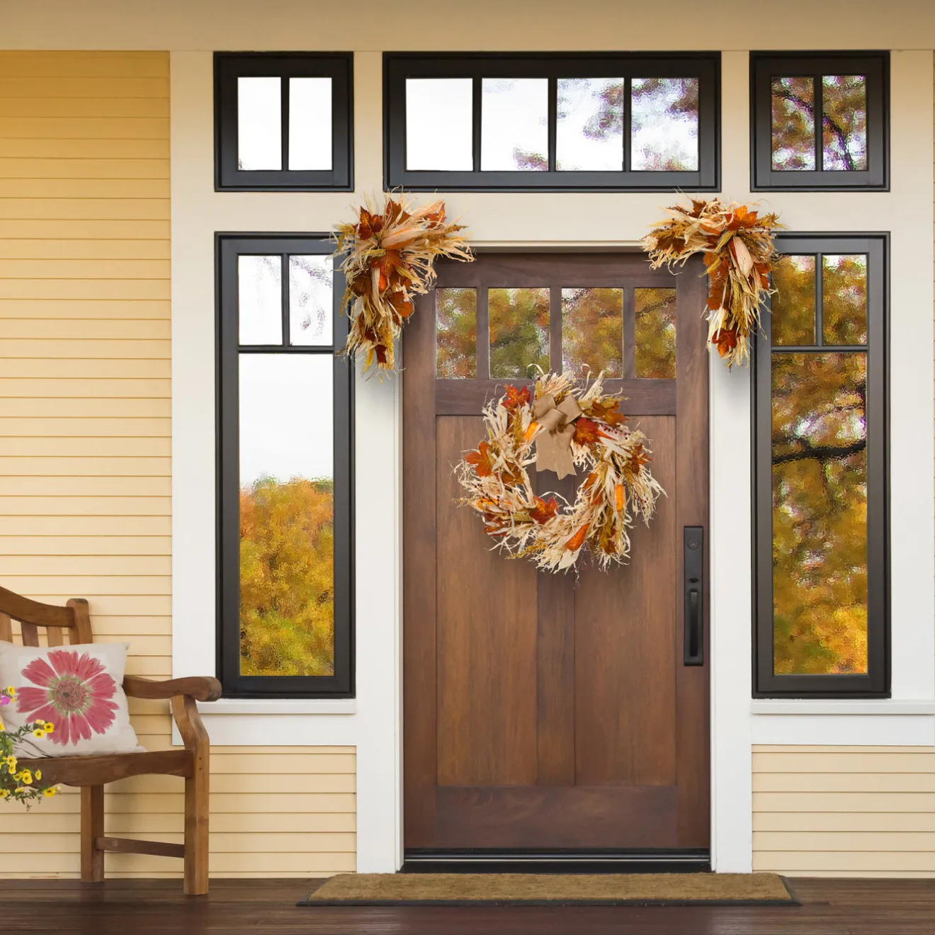 New 24 in. 2-Piece Fall Door Corners with Corn Husks, Raffia Leaves, Berry Clusters Fall Decorations
