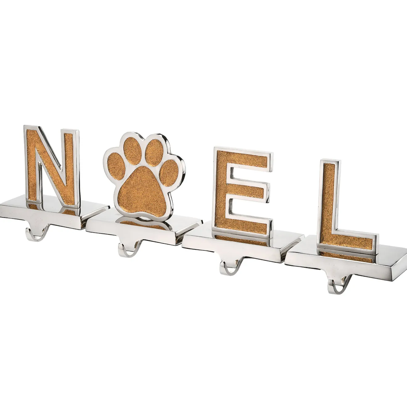 Sale 5 in. 4-Piece Gold Sparkle NOEL Christmas Stocking Holders, Gold and Silver with Paw Print Decorative Accents