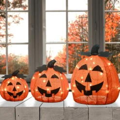 15 in. 3-Piece Halloween Pre-Lit Happy Jack-O-Lantern Trio with LED Lights Outdoor Decorations