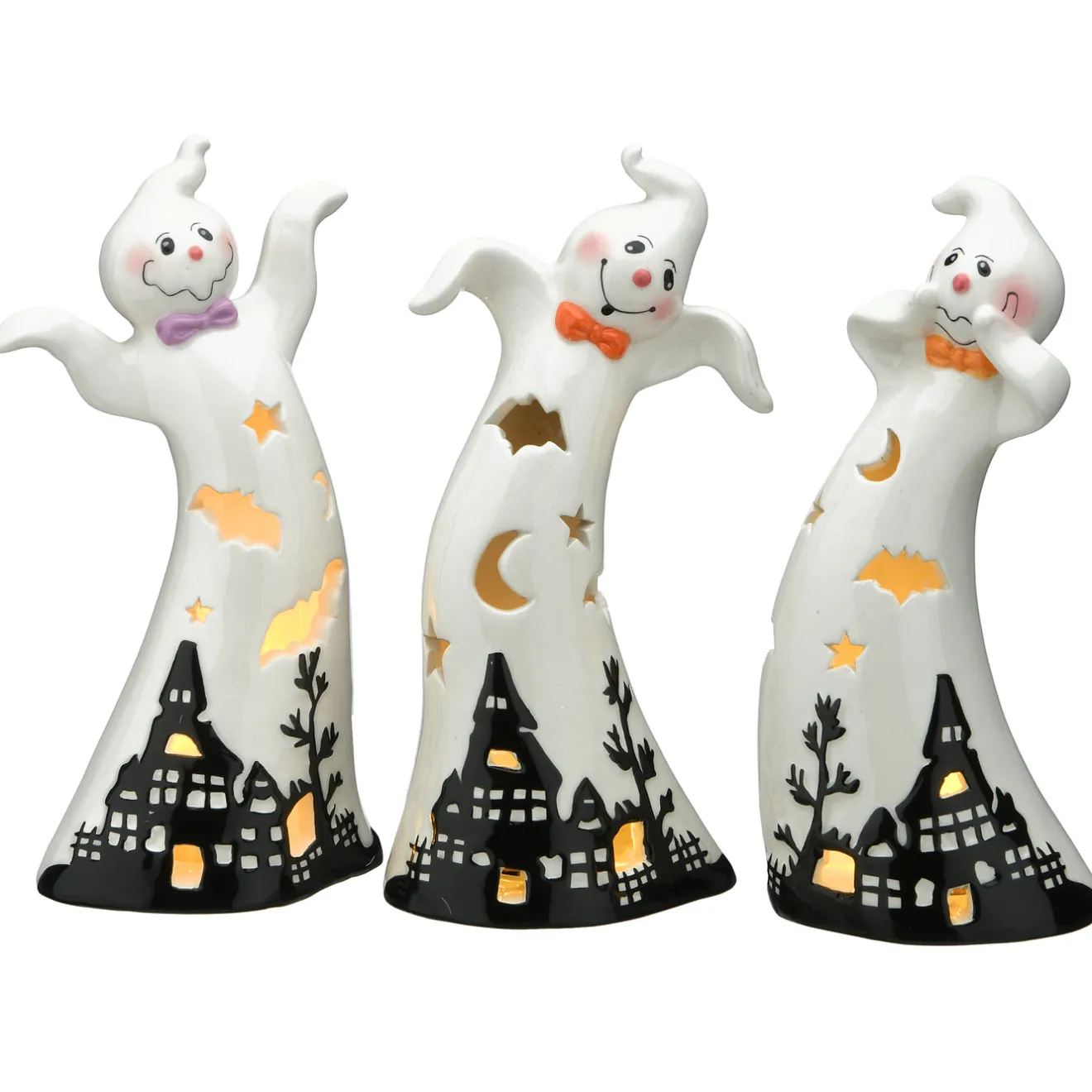 Best 7 in. 3-Piece Halloween Three Dancing Ghosts Ceramic Decoration with LED Lights Indoor Decorations