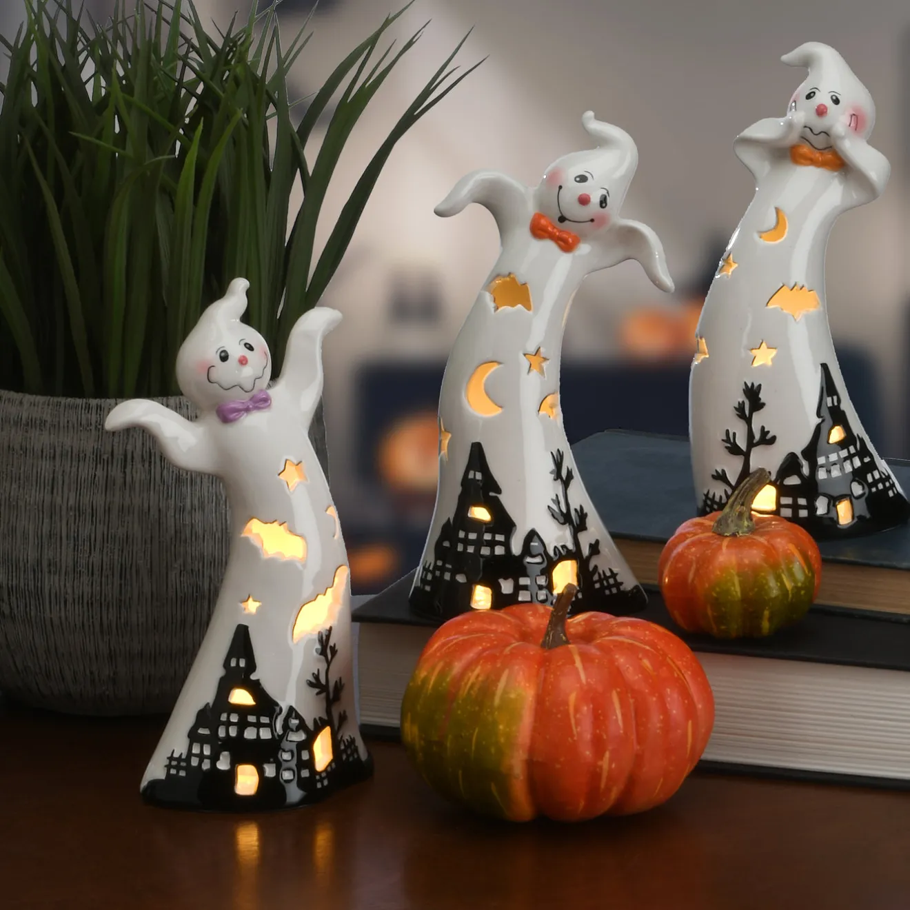 Best 7 in. 3-Piece Halloween Three Dancing Ghosts Ceramic Decoration with LED Lights Indoor Decorations
