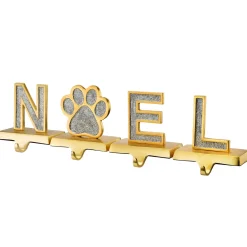 Best 5 in. 4-Piece Silver Sparkle NOEL Christmas Stocking Holders, Silver and Gold with Paw Print Decorative Accents