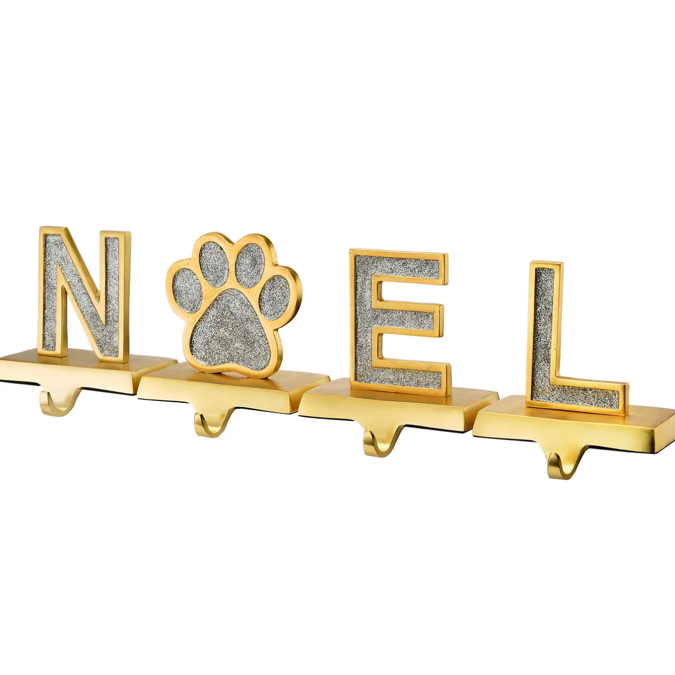 Best 5 in. 4-Piece Silver Sparkle NOEL Christmas Stocking Holders, Silver and Gold with Paw Print Decorative Accents