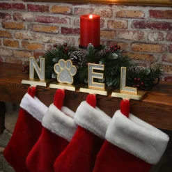 Best 5 in. 4-Piece Silver Sparkle NOEL Christmas Stocking Holders, Silver and Gold with Paw Print Decorative Accents