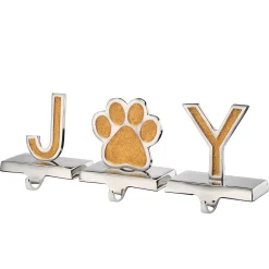 Outlet 5 in. 3-Pieces Gold Sparkle JOY Christmas Stocking Holders, Gold and Silver with Paw Print Decorative Accents