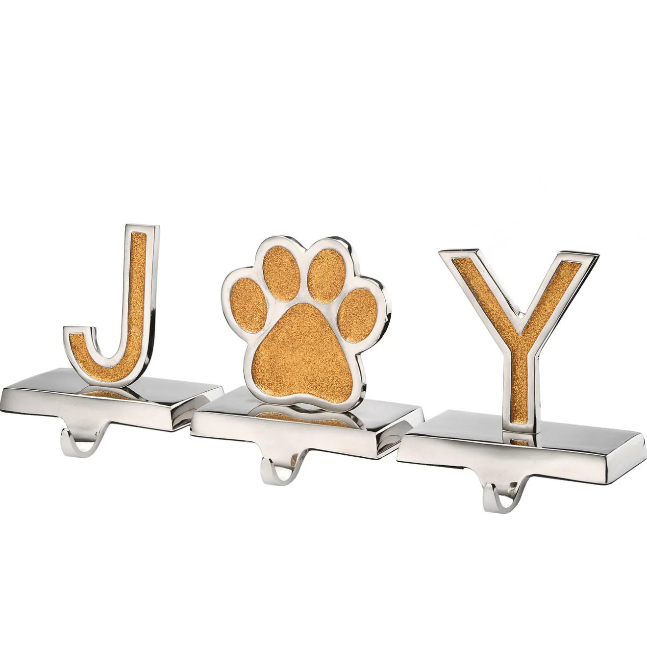 Outlet 5 in. 3-Pieces Gold Sparkle JOY Christmas Stocking Holders, Gold and Silver with Paw Print Decorative Accents