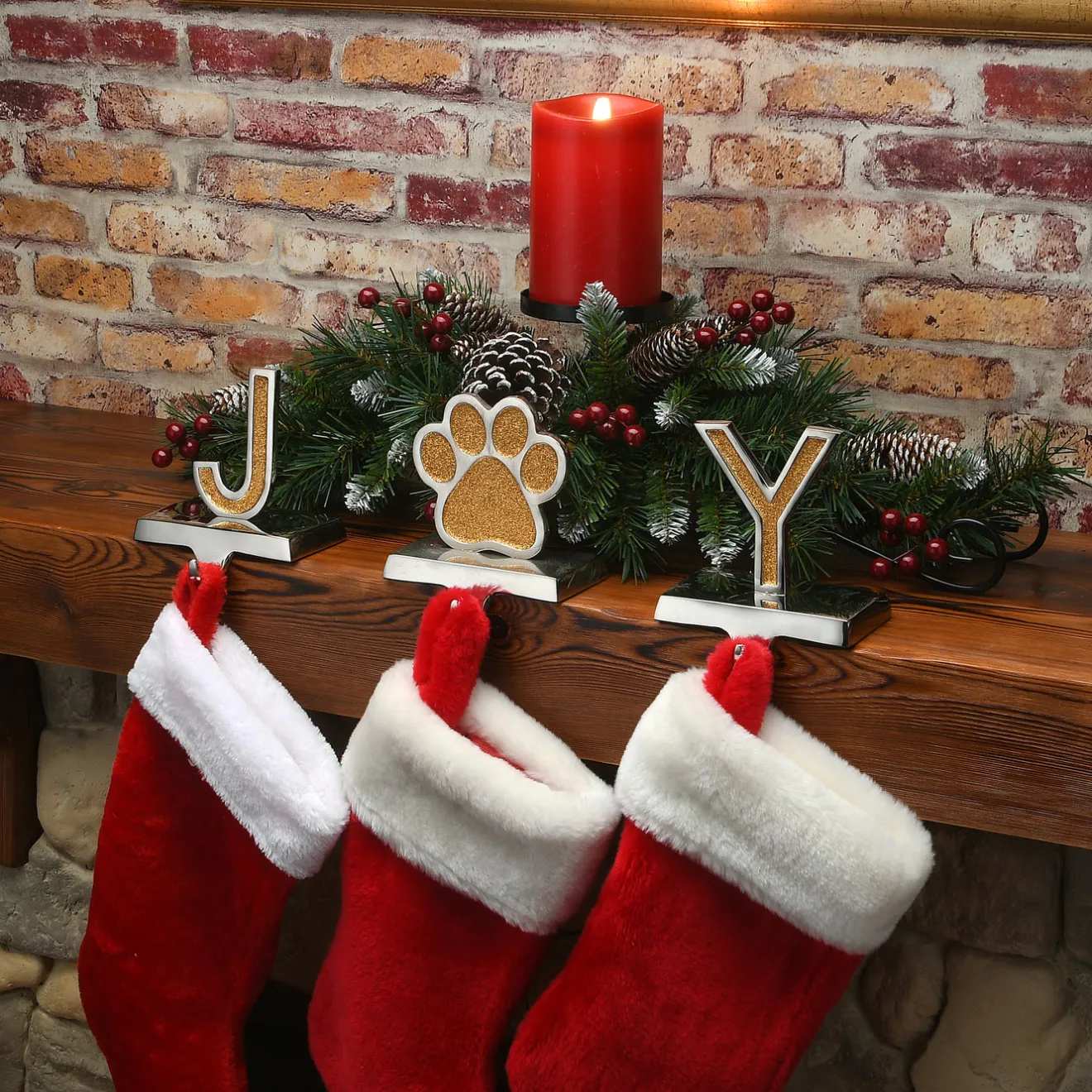 Outlet 5 in. 3-Pieces Gold Sparkle JOY Christmas Stocking Holders, Gold and Silver with Paw Print Decorative Accents
