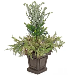Best 48 in. Pre Lit Cedar and Evergreen Artificial Shrub with Blue and White Berries, LED Lights Topiaries & Shrubs