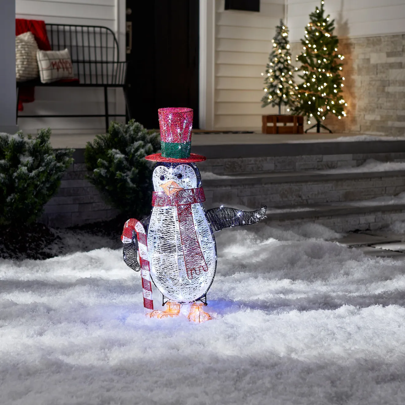 New 36 in. Pre Lit Penguin with Red Top Hat and Candy Cane Decor Yard Decorations