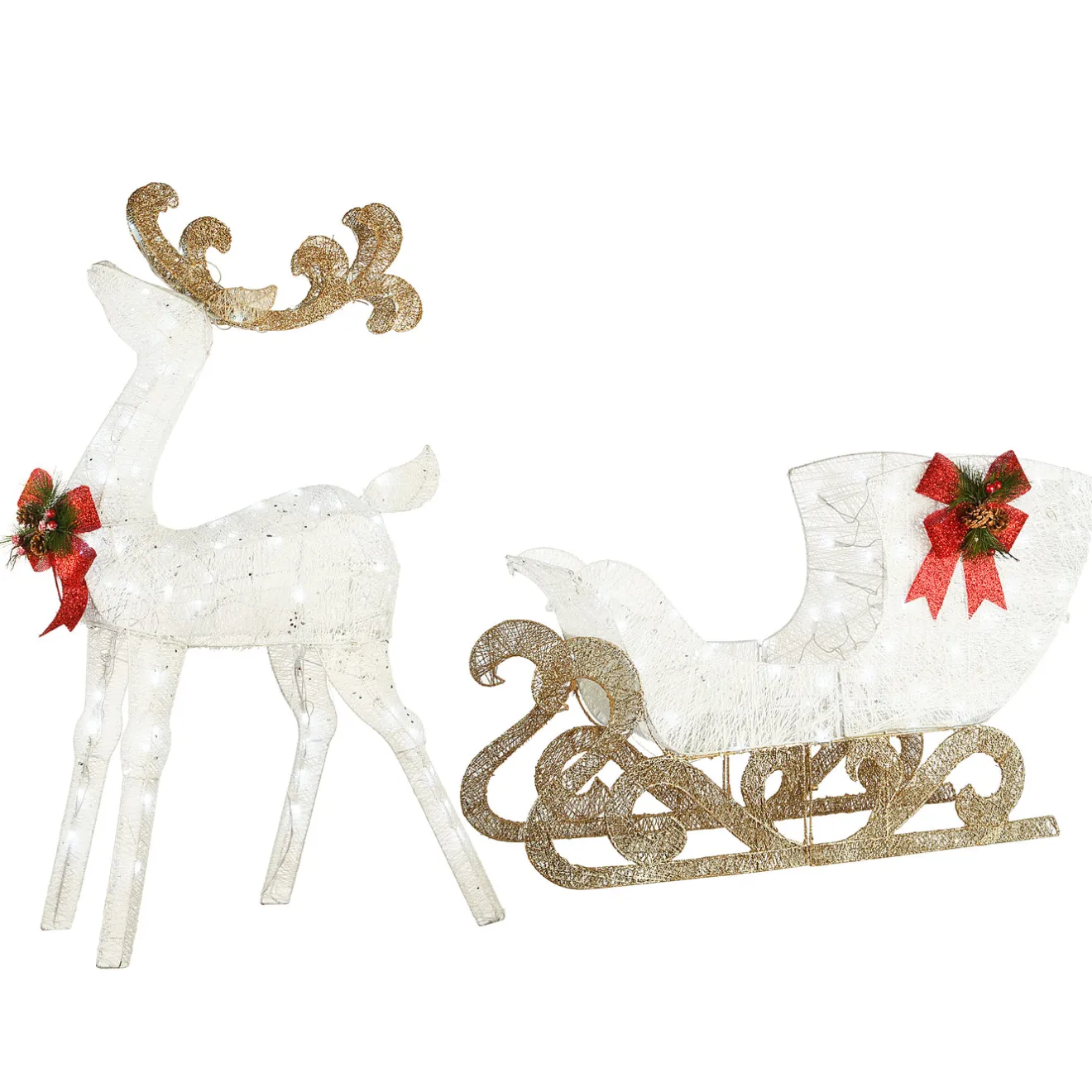 Outlet 48 in. Pre Lit Sisal Reindeer and Sleigh Decoration with Cool White LED Lights Yard Decorations