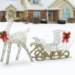 Outlet 48 in. Pre Lit Sisal Reindeer and Sleigh Decoration with Cool White LED Lights Yard Decorations