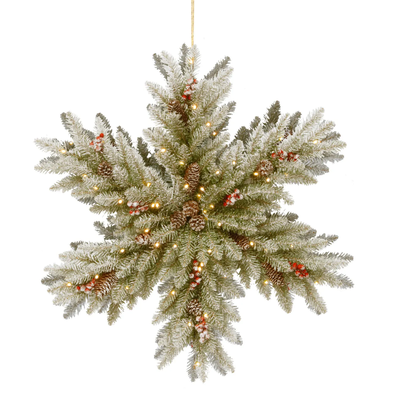 New 32 in. Pre-Lit Dunhill Fir Double-Sided Flocked Snowflake with LED Lights 25-36 Inch Christmas Wreaths|Pre-Lit Christmas Wreaths