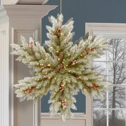New 32 in. Pre-Lit Dunhill Fir Double-Sided Flocked Snowflake with LED Lights 25-36 Inch Christmas Wreaths|Pre-Lit Christmas Wreaths