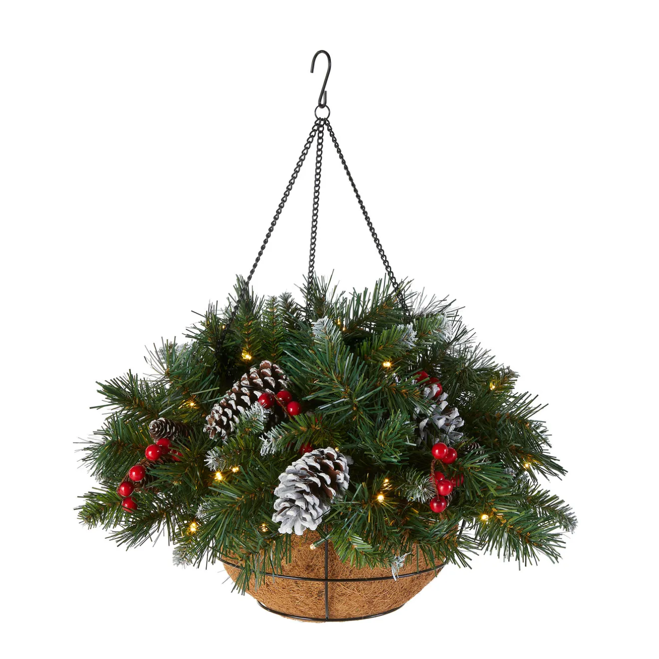 20 in. Pre-Lit Frosted Berry Hanging Basket with LED Lights Hanging Baskets