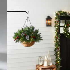 20 in. Pre-Lit Frosted Berry Hanging Basket with LED Lights Hanging Baskets