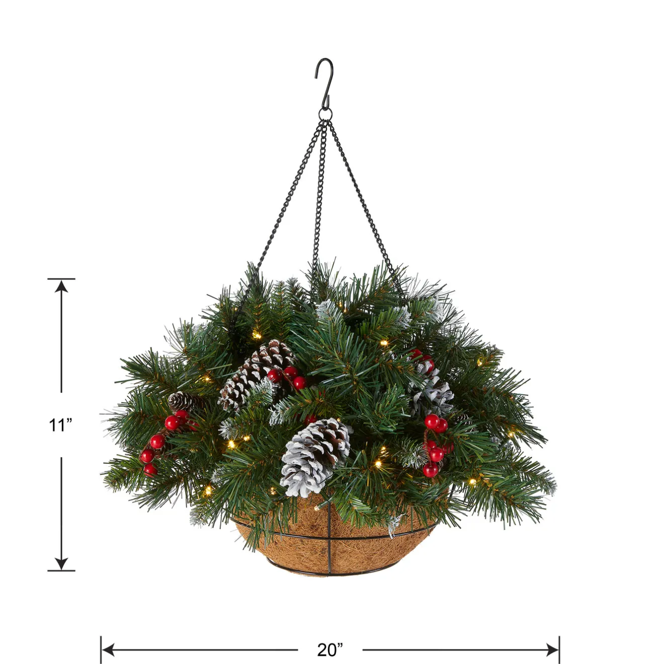 20 in. Pre-Lit Frosted Berry Hanging Basket with LED Lights Hanging Baskets