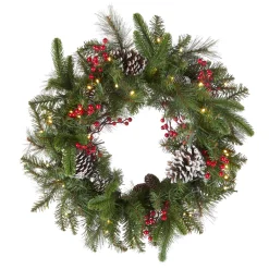 New 24 in. Pre-Lit Bristle Berry Wreath with LED Lights Pre-Lit Christmas Wreaths|21-24 Inch Christmas Wreaths