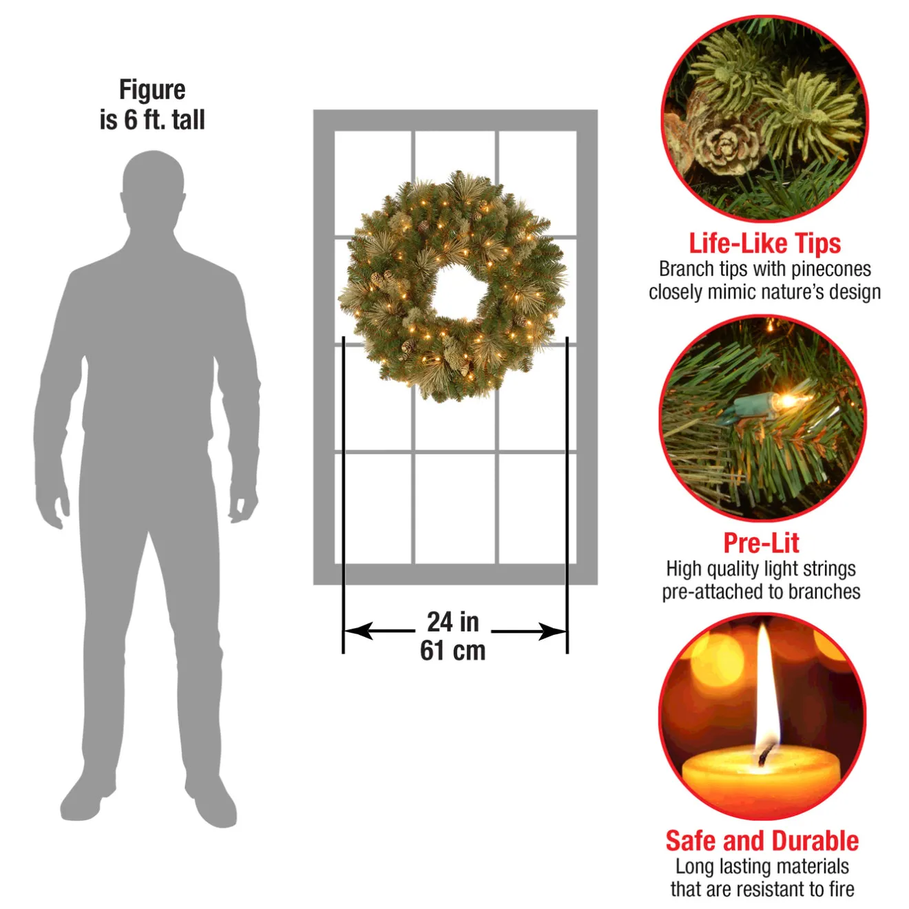 24 in. Pre-Lit Carolina Pine Wreath with LED Lights Pre-Lit Christmas Wreaths|21-24 Inch Christmas Wreaths