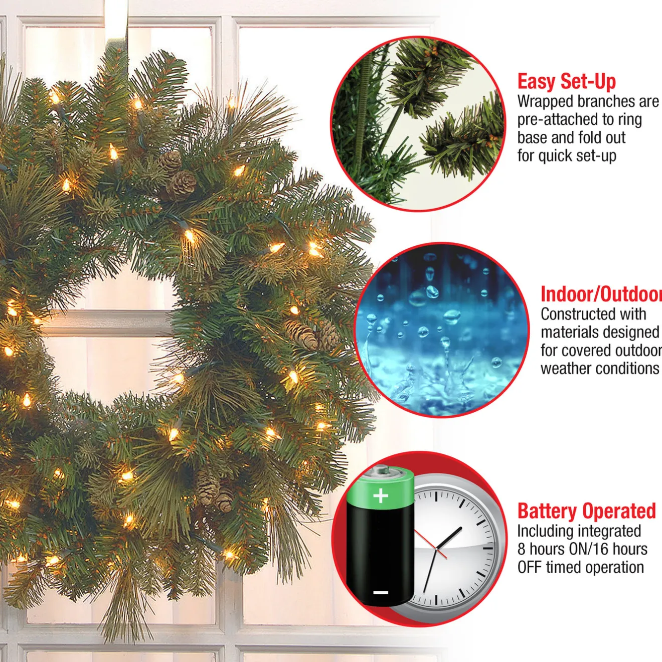 24 in. Pre-Lit Carolina Pine Wreath with LED Lights Pre-Lit Christmas Wreaths|21-24 Inch Christmas Wreaths