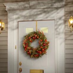 Discount 24 in. Pre-Lit Decorative Collection Red Mixed Wreath with Warm White LED Lights Pre-Lit Christmas Wreaths|21-24 Inch Christmas Wreaths