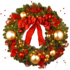 Outlet 36 in. Pre-Lit Decorative Collection Cozy Christmas Wreath with Red and Clear Lights Pre-Lit Christmas Wreaths|25-36 Inch Christmas Wreaths