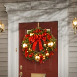 Outlet 36 in. Pre-Lit Decorative Collection Cozy Christmas Wreath with Red and Clear Lights Pre-Lit Christmas Wreaths|25-36 Inch Christmas Wreaths