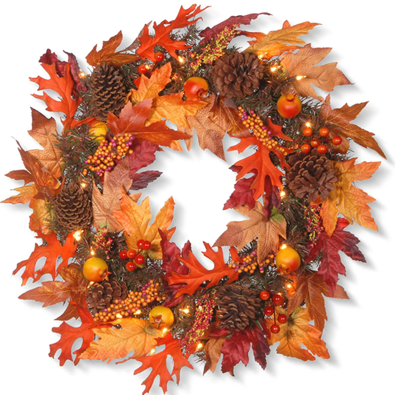 Outlet 24 in. Pre-Lit Fall Wreath with Gourds, Pinecones, Maple Leaves, Berry Clusters and Lights Wreaths