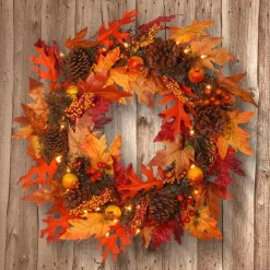 Outlet 24 in. Pre-Lit Fall Wreath with Gourds, Pinecones, Maple Leaves, Berry Clusters and Lights Wreaths