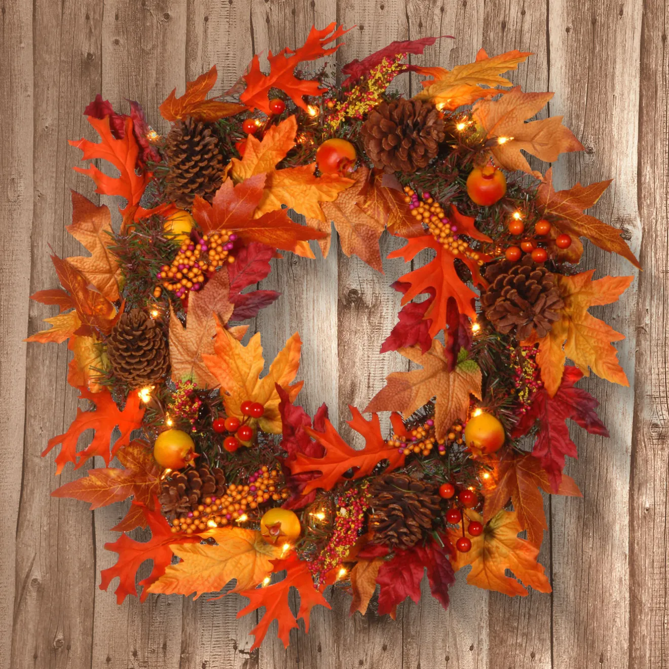Outlet 24 in. Pre-Lit Fall Wreath with Gourds, Pinecones, Maple Leaves, Berry Clusters and Lights Wreaths