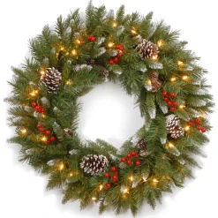 New 30 in. Pre-Lit Frosted Berry Wreath with Clear Lights Pre-Lit Christmas Wreaths|25-36 Inch Christmas Wreaths