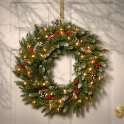 New 30 in. Pre-Lit Frosted Berry Wreath with Clear Lights Pre-Lit Christmas Wreaths|25-36 Inch Christmas Wreaths