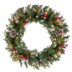 Clearance 24 in. Pre-Lit Frosted Berry Wreath with Clear Lights, Plug-In Pre-Lit Christmas Wreaths|21-24 Inch Christmas Wreaths