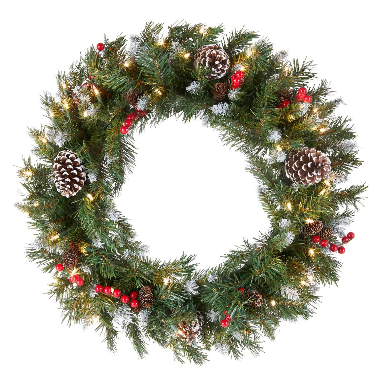 Clearance 24 in. Pre-Lit Frosted Berry Wreath with Clear Lights, Plug-In Pre-Lit Christmas Wreaths|21-24 Inch Christmas Wreaths