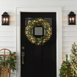 Clearance 24 in. Pre-Lit Frosted Berry Wreath with Clear Lights, Plug-In Pre-Lit Christmas Wreaths|21-24 Inch Christmas Wreaths