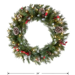 Clearance 24 in. Pre-Lit Frosted Berry Wreath with Clear Lights, Plug-In Pre-Lit Christmas Wreaths|21-24 Inch Christmas Wreaths