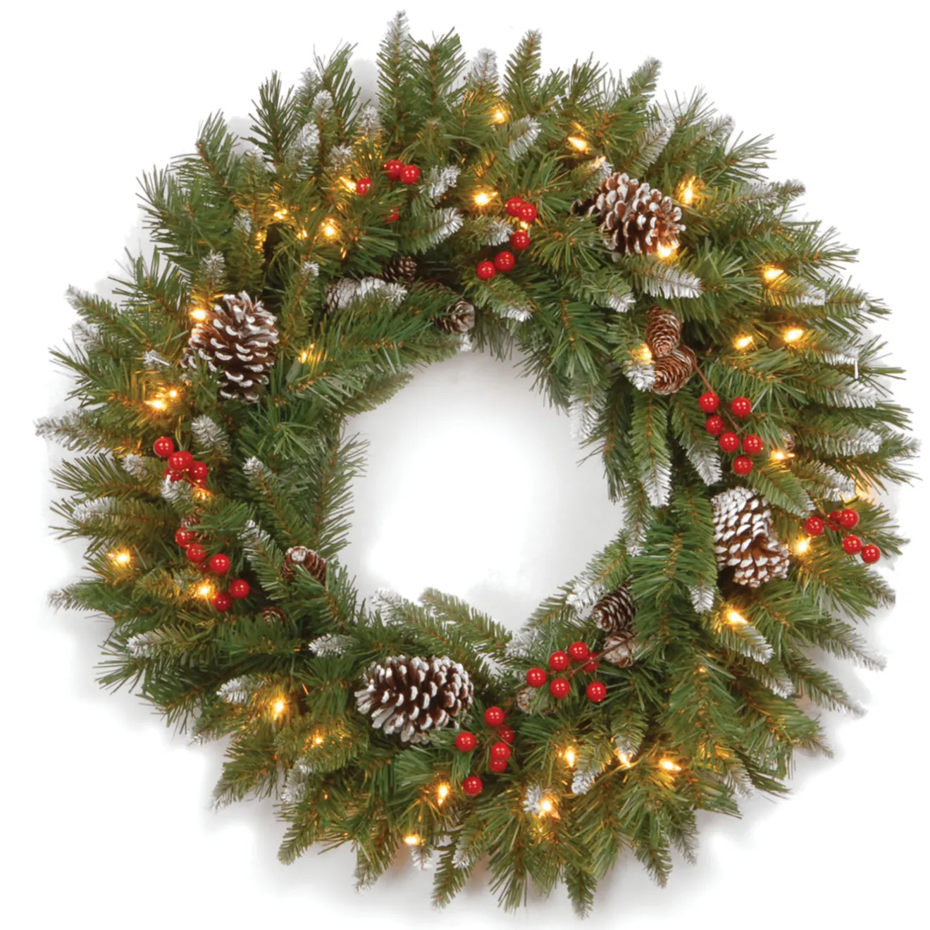 Clearance 24 in. Pre-Lit Frosted Berry Wreath with Clear Lights, Plug-In Pre-Lit Christmas Wreaths|21-24 Inch Christmas Wreaths