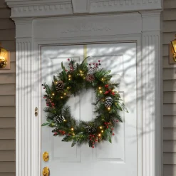 Best 30 in. Pre-Lit Frosted Pine Berry Wreath with LED Lights Pre-Lit Christmas Wreaths|25-36 Inch Christmas Wreaths