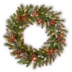 Sale 24 in. Pre-Lit Frosted Pine Berry Wreath with LED Lights Pre-Lit Christmas Wreaths|21-24 Inch Christmas Wreaths