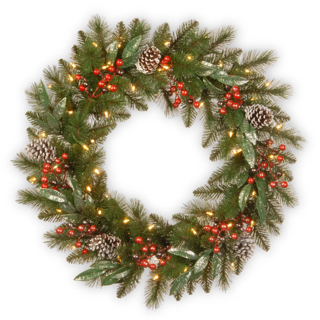 Sale 24 in. Pre-Lit Frosted Pine Berry Wreath with LED Lights Pre-Lit Christmas Wreaths|21-24 Inch Christmas Wreaths