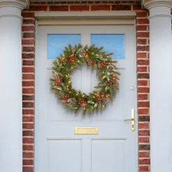 Sale 24 in. Pre-Lit Frosted Pine Berry Wreath with LED Lights Pre-Lit Christmas Wreaths|21-24 Inch Christmas Wreaths
