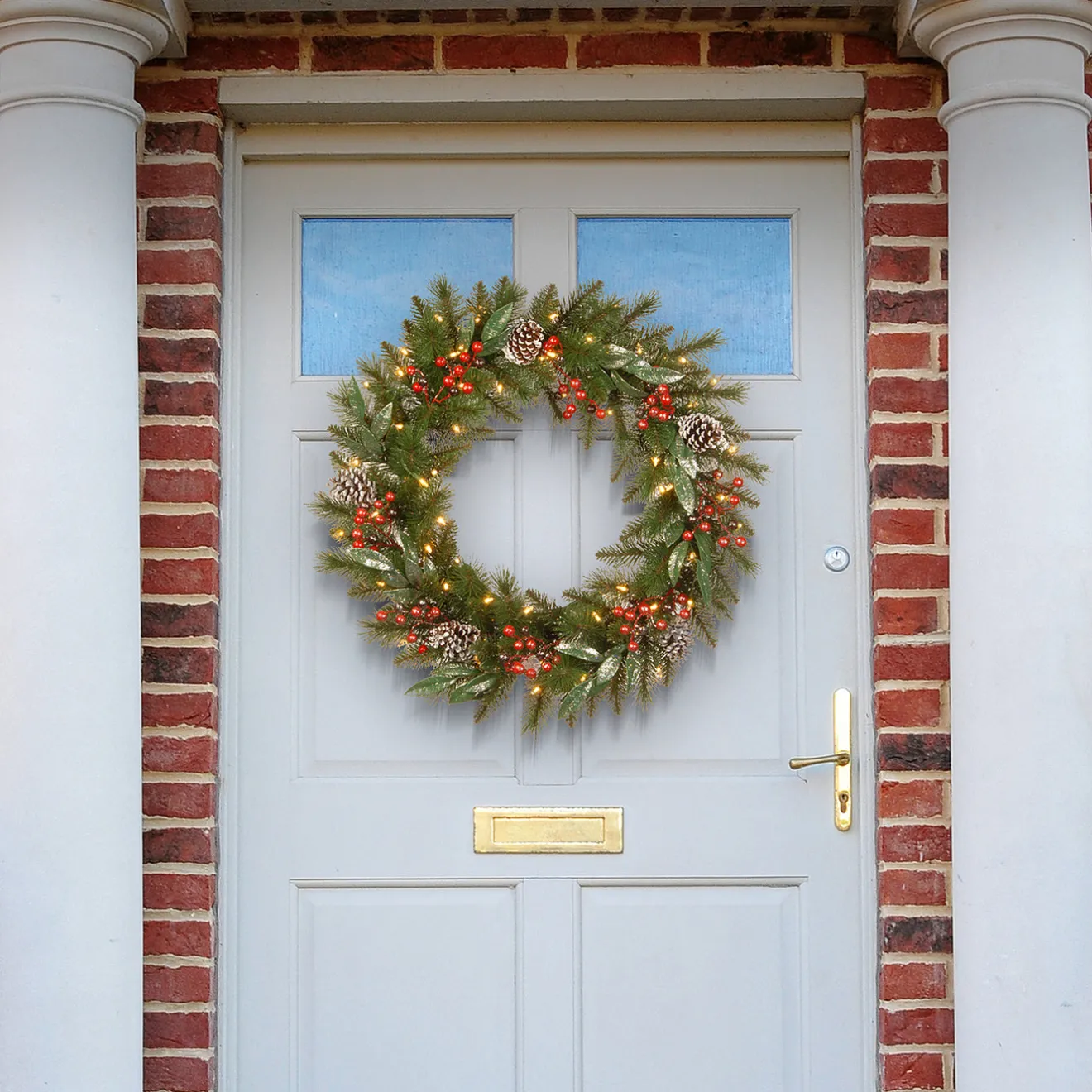Sale 24 in. Pre-Lit Frosted Pine Berry Wreath with LED Lights Pre-Lit Christmas Wreaths|21-24 Inch Christmas Wreaths